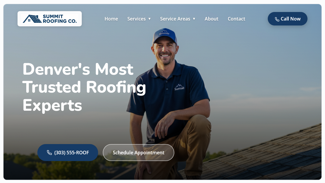 Summit Roofing Co. website example showing professional design with hero image and navigation