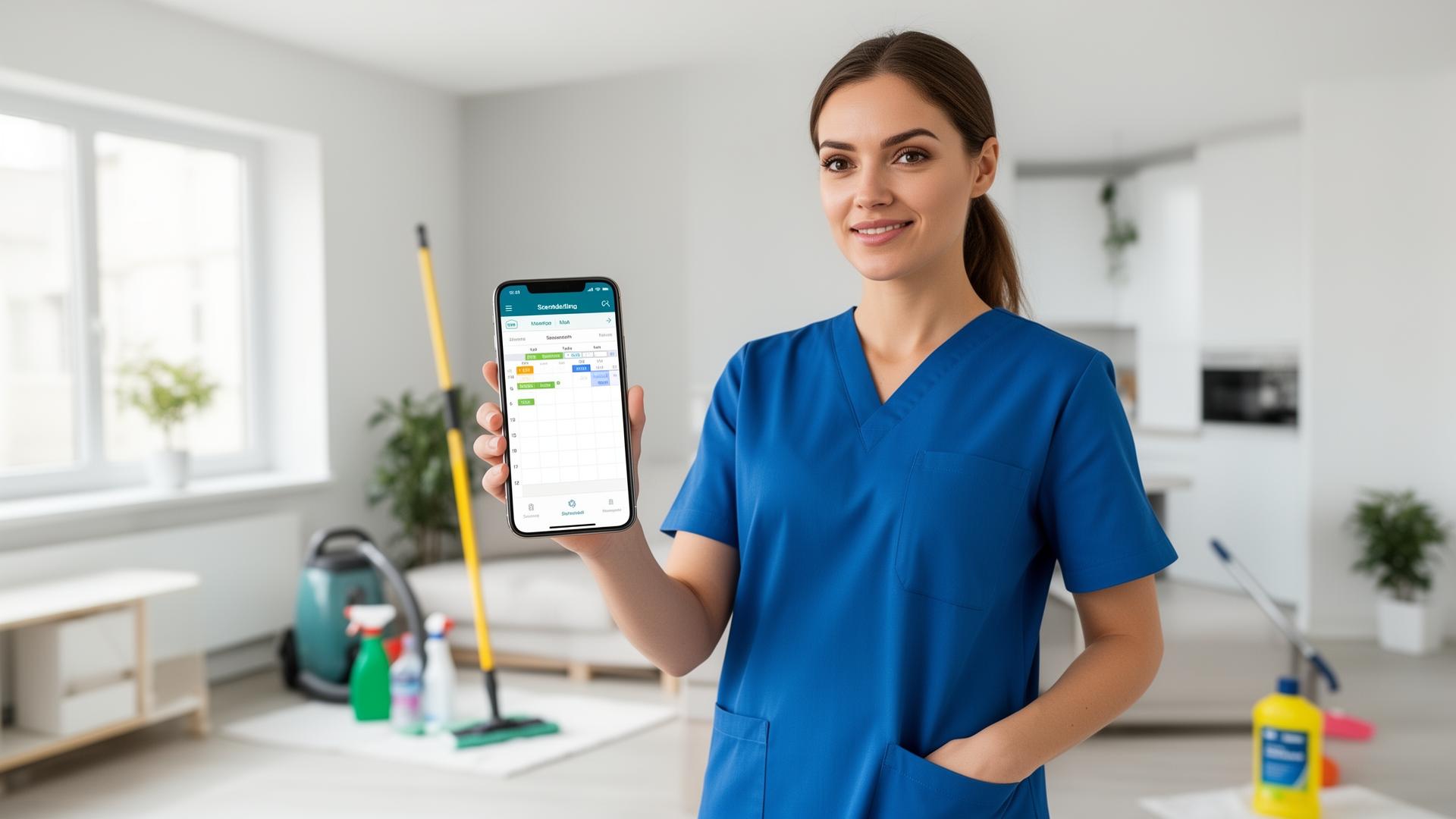 Female house cleaner using Call Monkey software on iPhone