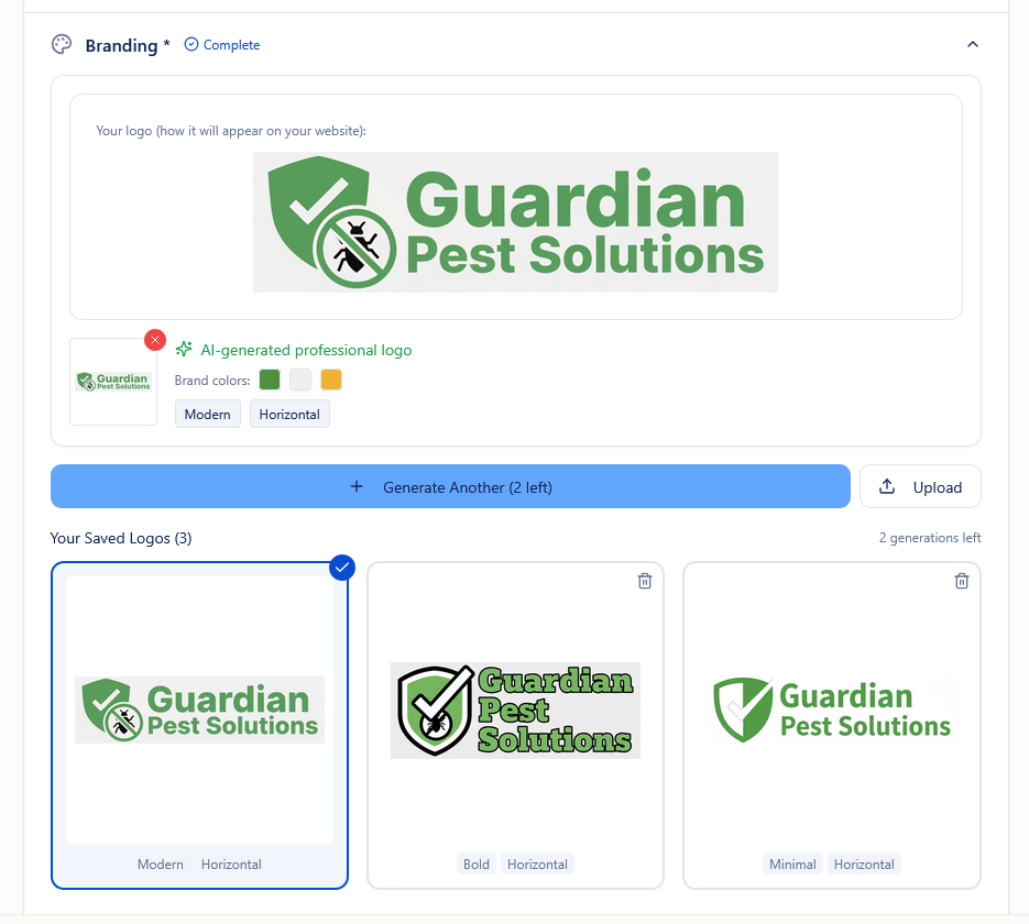 AI Logo Generator interface showing Guardian Pest Solutions with multiple logo variations including Modern, Bold, and Minimal styles