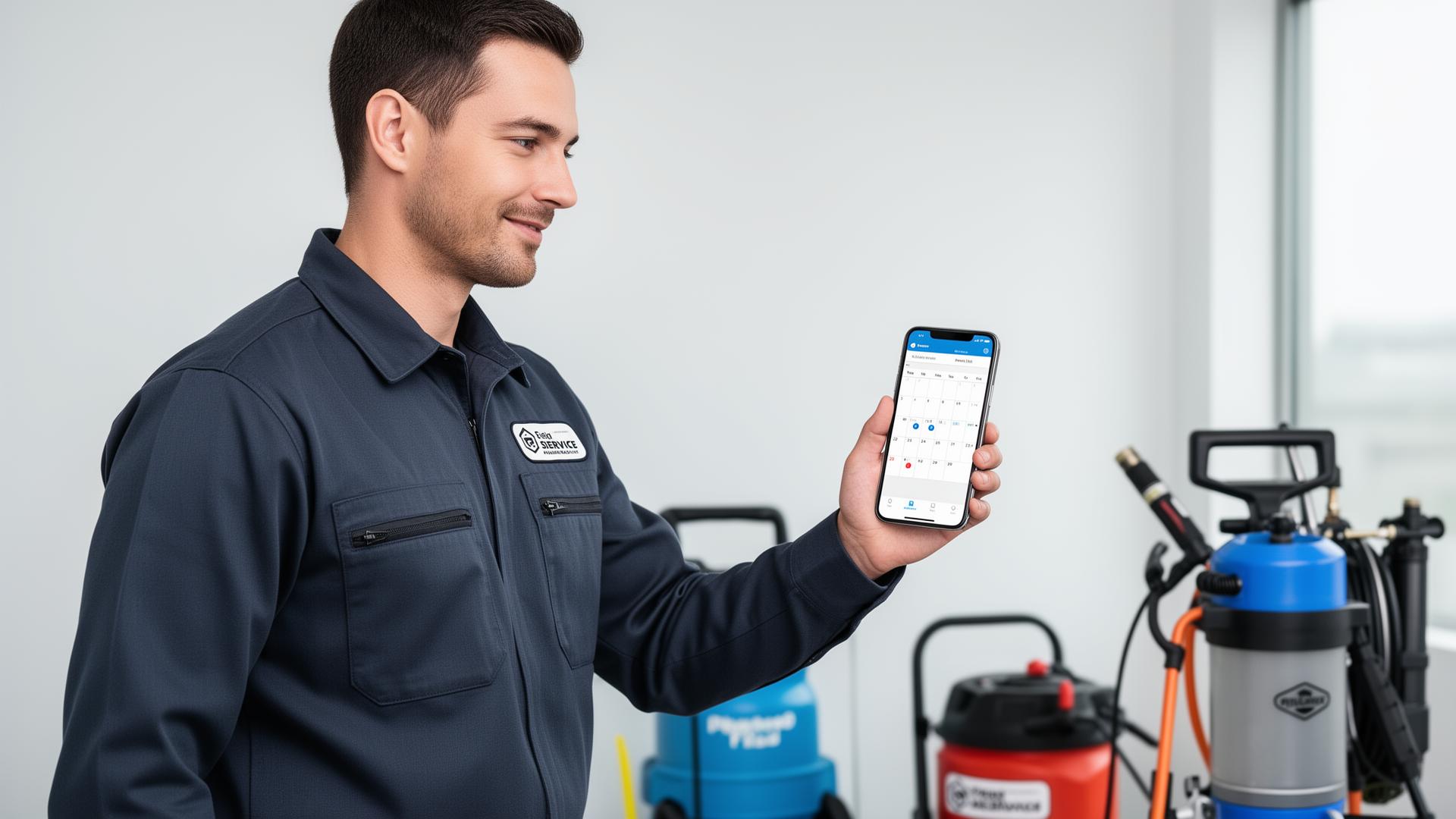 Pest control technician using Call Monkey software on iPhone