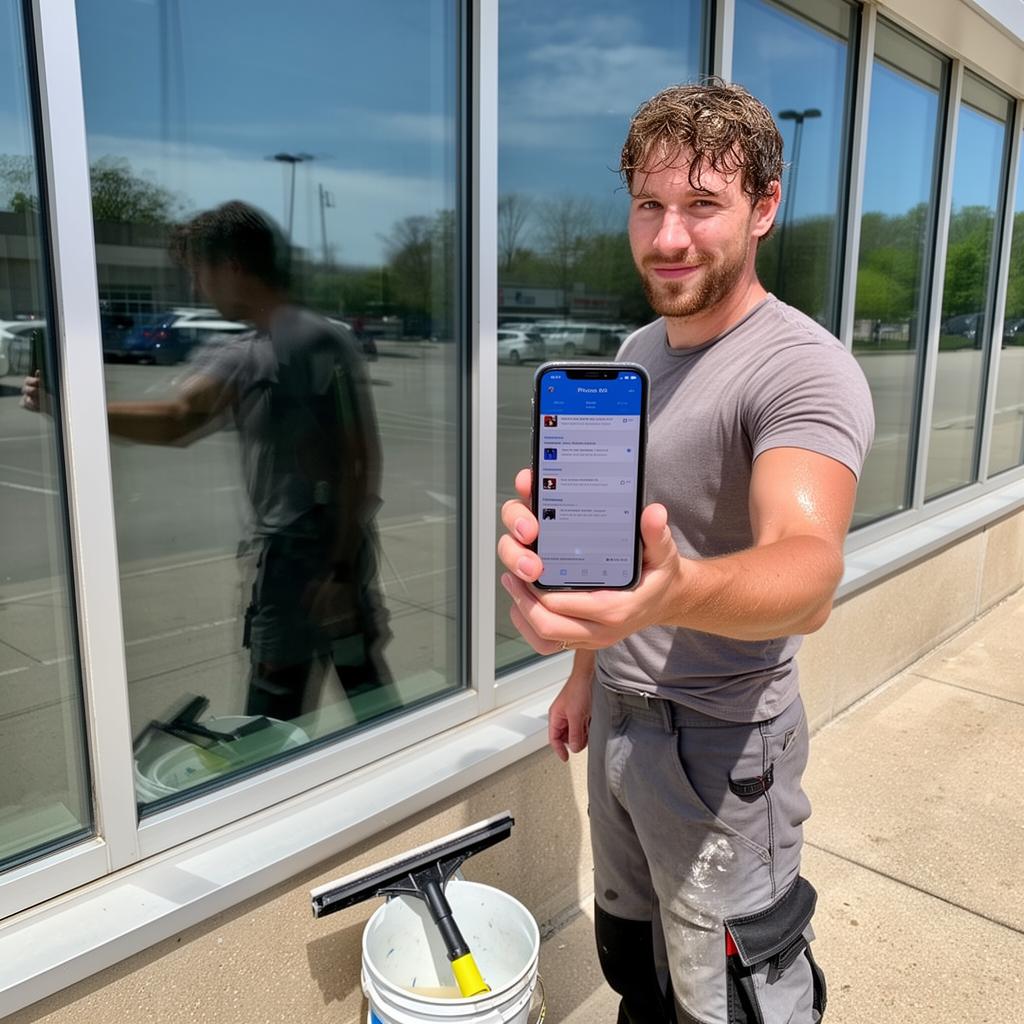 Window cleaning professional using Call Monkey app on iPhone